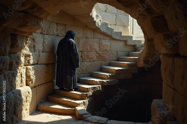 Fototapeta A robed monk climbs spiral stairs inside a medieval stone keep.
