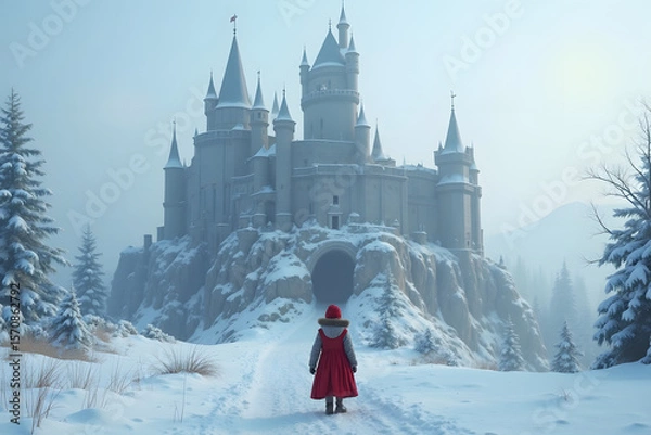 Fototapeta A child in fantasy costume stands in awe before a massive snowy castle.
