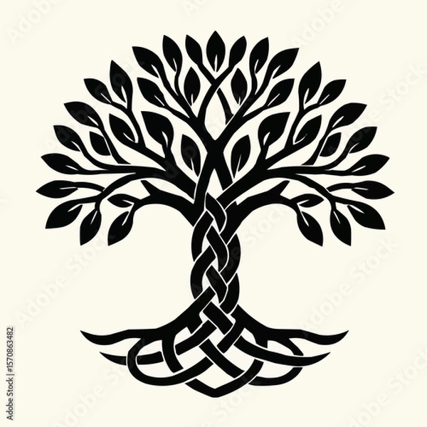 Fototapeta Abstract tree vector design illustration featuring a Celtic cross silhouette, ideal for tattoo or decoration art with natural leaf and branch patterns