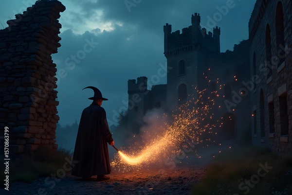 Fototapeta A magician conjures sparks in a ruined castle under a twilight sky.
