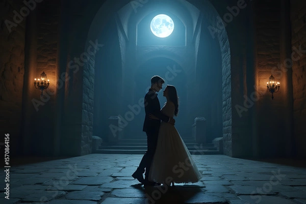 Fototapeta A young couple dances in an empty moonlit ballroom inside a stone fortress.
