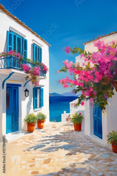 Fototapeta Painting style image of street view in Greek island village featuring traidtional whitewash houses adorned with bougainvillea flowers with Mediterranean sea visible