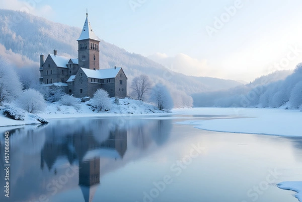 Fototapeta A snow-draped fortress reflects in a frozen lake under morning light.
