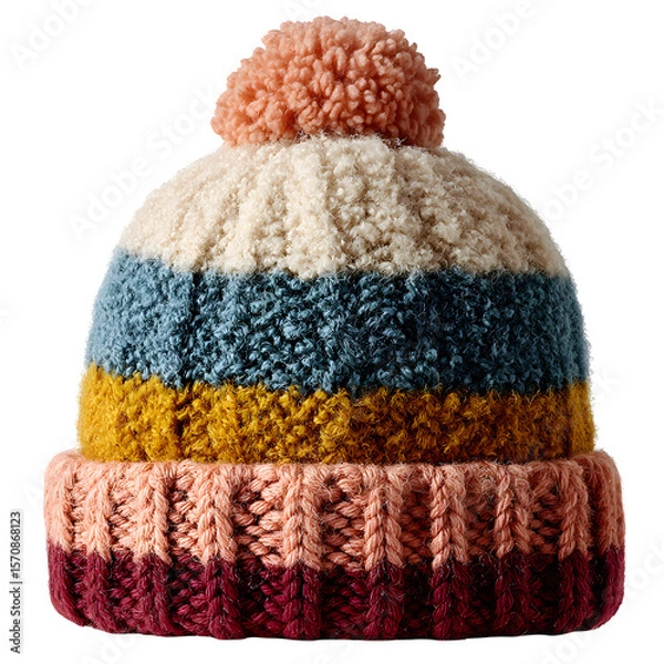 Obraz Stylish striped crochet beanie hat, ribbed edge, pom-pom top, cozy wool in warm winter hues, isolated transparent background with soft wool texture