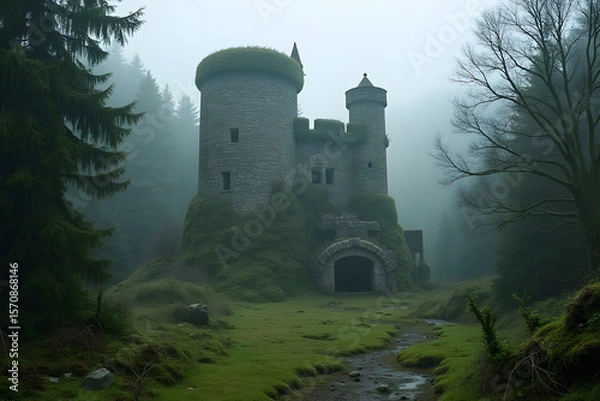 Fototapeta A moss-covered stone castle rises from the middle of a misty forest clearing.
