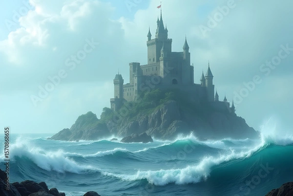 Fototapeta A forgotten island castle stands tall amid crashing ocean waves.
