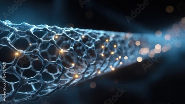 Obraz Carbon Nanotubes. A futuristic representation of a hexagonal network emitting light in a dark background.