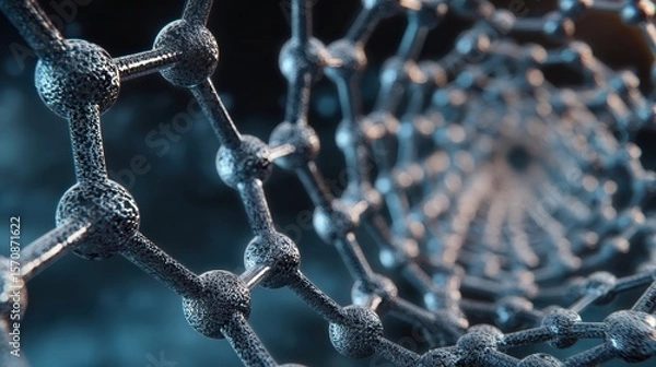 Obraz Carbon Nanotubes. Abstract representation of molecular structure with interconnected nodes in a dynamic perspective.