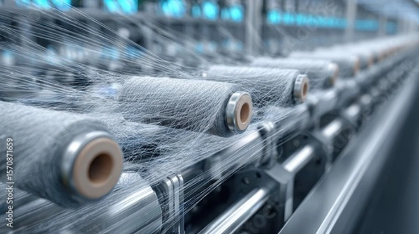 Obraz Carbon Nanotubes. Industrial machinery with spools of thread in a textile factory showcasing motion and production efficiency.