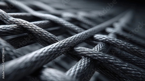 Obraz Carbon Nanotubes. Intricate black-and-white close-up of woven ropes creating dynamic patterns.