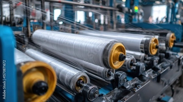 Obraz Carbon Nanotubes. Industrial machinery with spools of thread in a textile production environment.