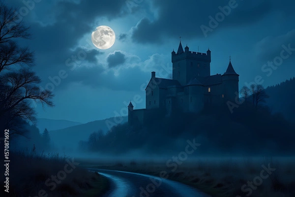 Fototapeta A moonlit castle casts long shadows over a quiet moor.
