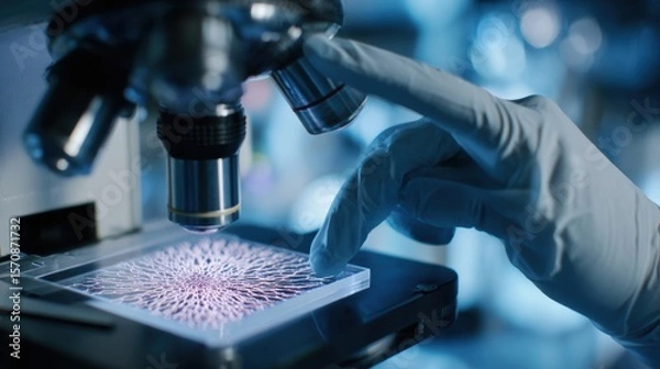 Obraz Carbon Nanotubes. A researcher examining a slide under a microscope in a laboratory setting.