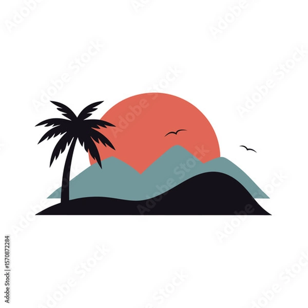 Fototapeta Tropical sunset over hills in clean vector design for vacation and peaceful landscape