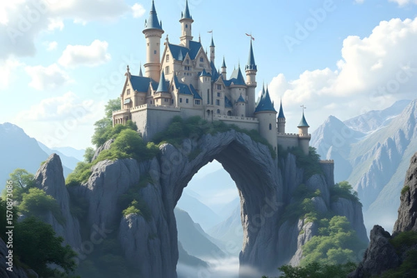 Fototapeta An ornate castle built atop an arch-shaped mountain.
