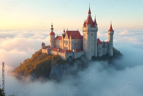 Fototapeta A medieval castle with red roofs peeks above a blanket of morning clouds.
