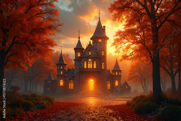 Fototapeta A medieval castle with red roofs peeks above a blanket of morning clouds.
