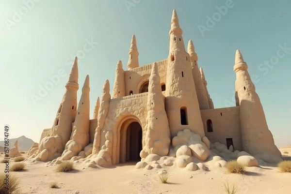 Fototapeta A castle made of bone-like stone structures in a surreal desert.
