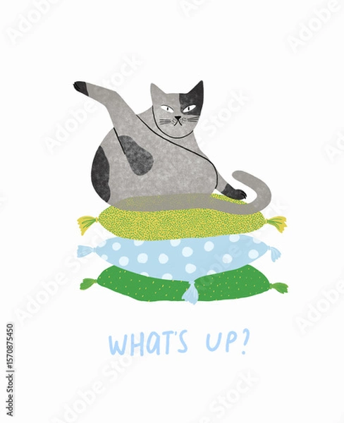 Fototapeta Funny cat is sitting on a stack of pillows