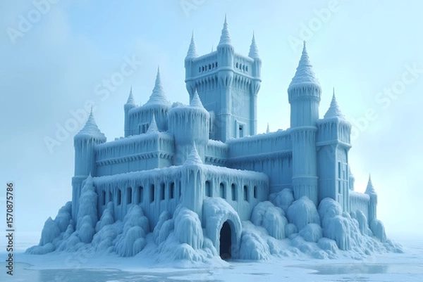 Fototapeta A castle frozen in ice, with icicles hanging from every edge.
