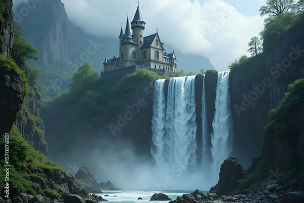 Fototapeta A hidden castle behind a massive waterfall.
