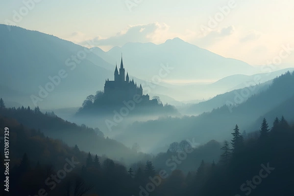 Fototapeta A shadowy castle emerges from dense morning mist in a valley.
