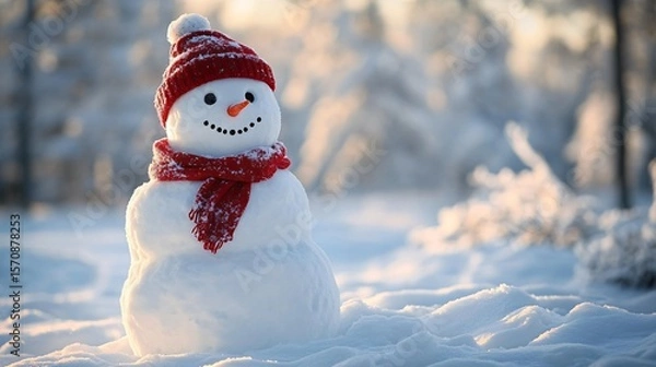 Fototapeta Cute snowman with red scarf in snowy outdoor winter landscape