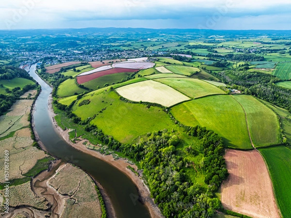 Fototapeta Farms and Fields over River Dart from a drone, Stoke Gabriel, Totnes, Devon, England