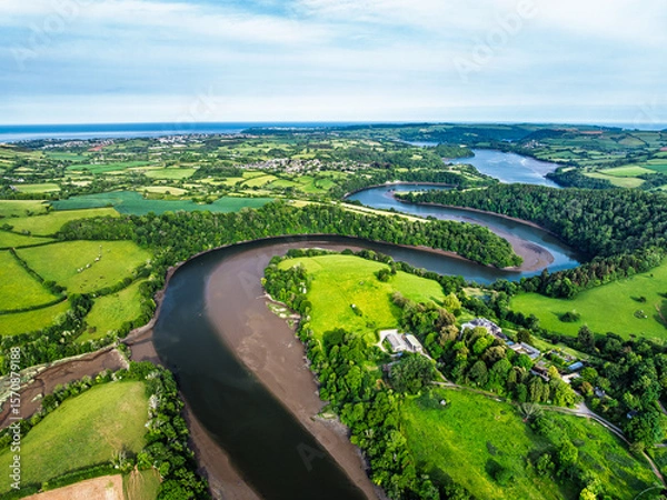 Fototapeta Farms and Fields over River Dart from a drone, Stoke Gabriel, Totnes, Devon, England