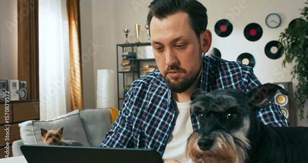 Fototapeta A thoughtful brunet looks at a latpotp, reading papers sent by his employer. The man works remotely from his office. A modern living room can be seen in the background.