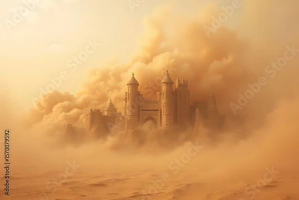 Fototapeta A desert sandstorm swirls around a partially buried fortress.

