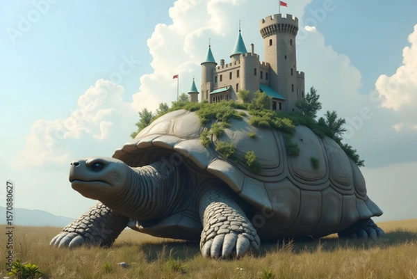 Fototapeta A castle perched on the back of a colossal stone tortoise.
