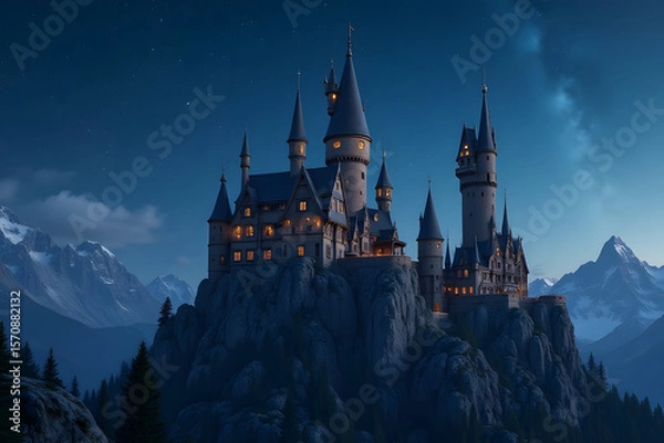 Fototapeta A spire-covered fantasy castle sits atop a rocky mountain under stars.
