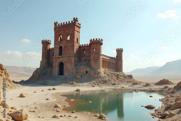 Fototapeta A rusting iron castle stands in the middle of a dried-up lakebed.
