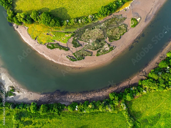 Fototapeta Farms and Fields over River Dart from a drone, Stoke Gabriel, Totnes, Devon, England