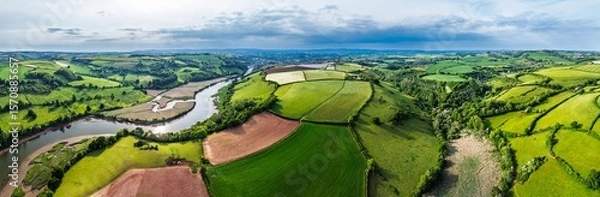 Fototapeta Panorama of Farms and Fields over River Dart from a drone, Stoke Gabriel, Totnes, Devon, England