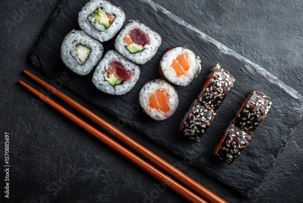 Fototapeta neatly arranged sushi rolls on slate plate, chopsticks beside, studio lighting