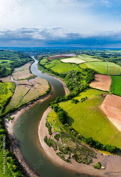 Fototapeta Farms and Fields over River Dart from a drone, Stoke Gabriel, Totnes, Devon, England
