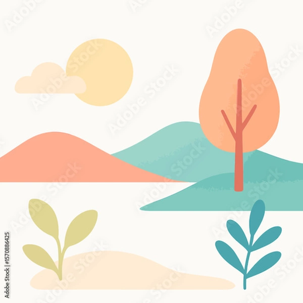 Fototapeta Minimalist Pastel Landscape With Tree And Sun