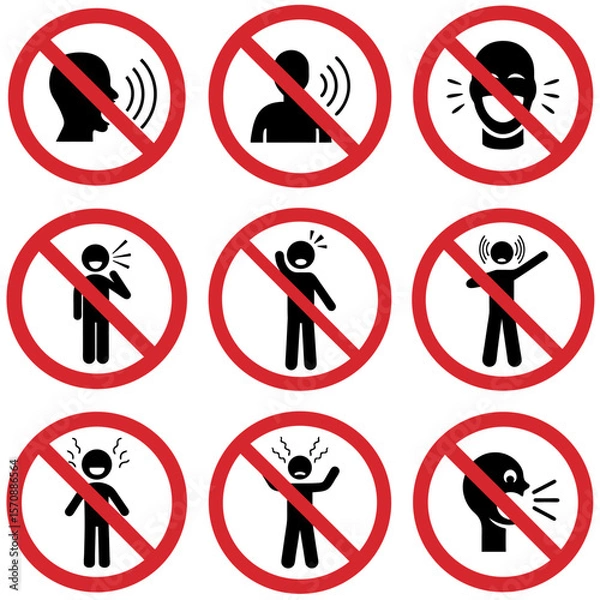 Fototapeta Set of prohibitory signs indicating that shouting and laughing loudly is prohibited
