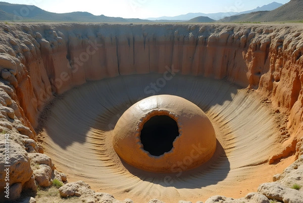 Fototapeta A hollow castle shell sits within a dried volcanic crater.
