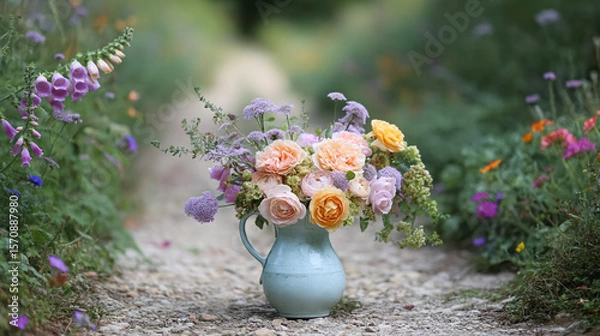 Fototapeta Elegant English garden bouquets in vintage vases, adorned with peonies, tulips and roses and other flowers, displayed in manor garden with dappled light and timeless floral grace