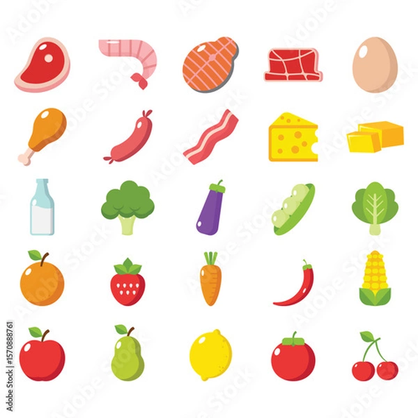 Fototapeta Colorful Flat Food Icon Set – Meat, Seafood, Dairy, Vegetables, Fruits, and Ingredients for Healthy Eating, Nutrition, and Cooking Design Projects