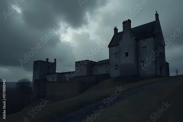Fototapeta A black-and-white stone castle contrasting against a stormy sky.

