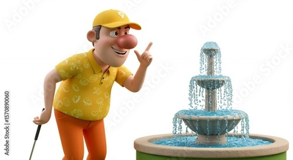 Obraz Cartoon golf player looking at a fountain