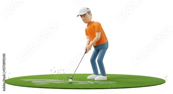 Obraz Cartoon golfer about to hit golf ball on wet course