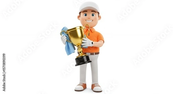 Obraz Cartoon golfer holding trophy and towel