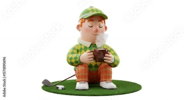 Obraz Cartoon golfer sitting on mini golf course relaxed posture