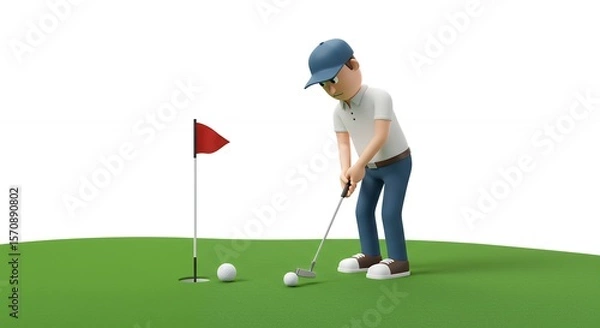 Obraz Cartoon golfer putting on green golf course