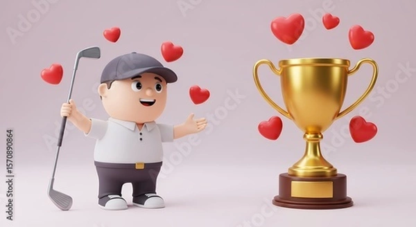 Obraz Cartoon golfer with trophy and hearts
